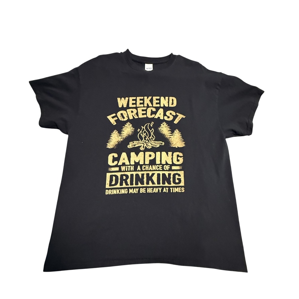 Gildan Ultra Cotton XL Weekend Forecast Camping Drinking Graphic T-Shirt Black